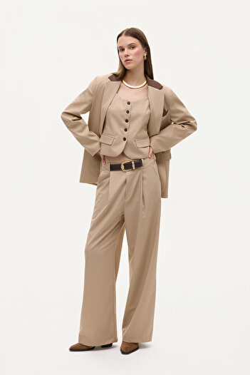 Quzu Belted Pleated High Waist Palazzo Pants Beige