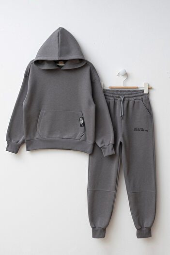 Minipodyum Kangaroo Pocket Hooded Boys Bottom Top Tracksuit Set