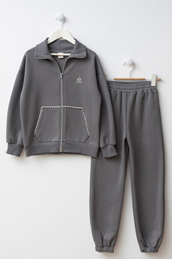 Minipodyum Girls' Top and Bottom Tracksuit Set with Stitched Pockets and Zipper