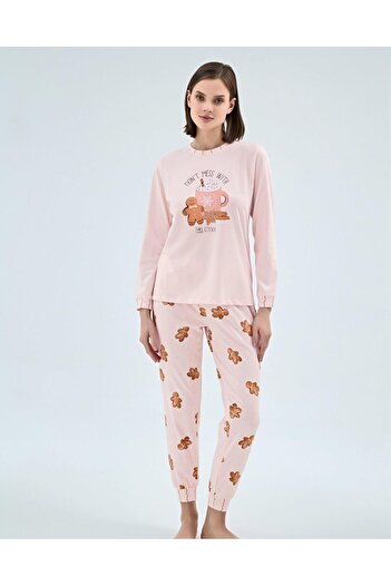 Sevim 16939 Pink Gingerbread Man Pajama Set with Elasticated Legs'Mother and Daughter Matching Outfits'