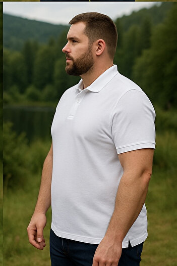 Maccali Men's Large Size Loose Basic White Polo Neck T-Shirt