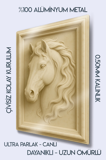 DekorHane 3D Relief Metal Print - with Horse Figure, Marble Look, Decorative Painting, Art, Home Decoration