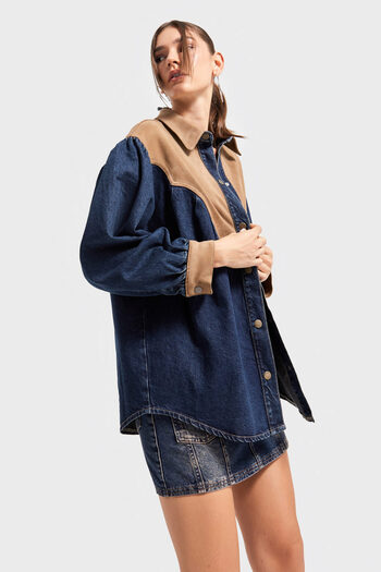 its basic Γυναικείο πουκάμισο τζιν χρώματος 1w5-8 Oversize Suede Denim με ανακατευμένο ειδικό σχέδιο