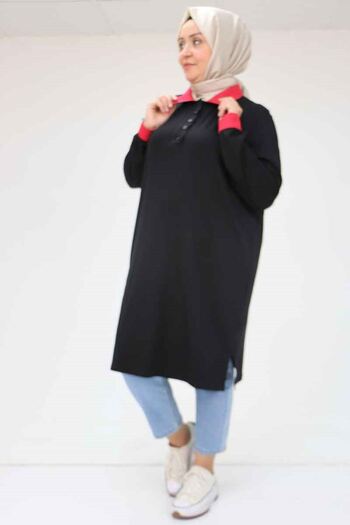 Eslina F-58042 Large Size Combed Cotton Tunic with Collar and Cuff Garnish - Red