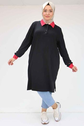 Eslina F-58042 Large Size Combed Cotton Tunic with Collar and Cuff Garnish - Red