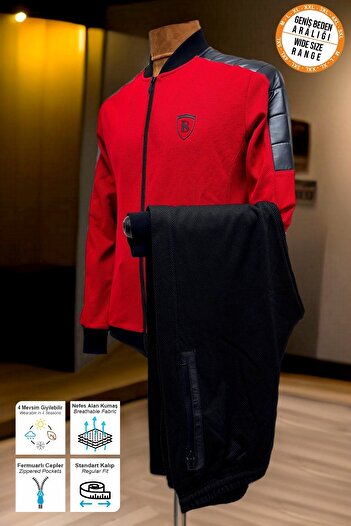 BESSA Men's Red Tracksuit Set with Zipper Pockets Straight Leg Patterned Fabric Plus Size