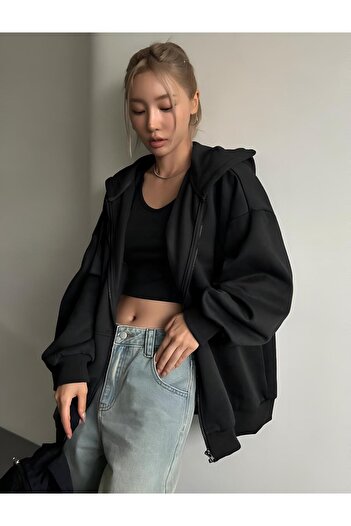 trendgar BLACK STRAIGHT ZIPWAR HOODED CARDIGAN SWEATSHIRT