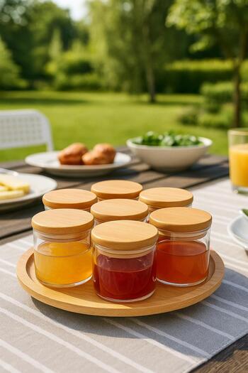 Noah Exclusive 8 Piece Borosilicate Glass 150 ml Jam Bowl with Bamboo Lid + Bamboo Rotating Stand - Spice Bowl Set