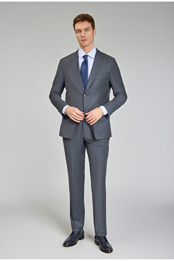 Bisse Gri Mono Yaka Çift Yırtmaçlı 6 Drop Yün Polyamid Lycra Slim Fit Takım Elbise