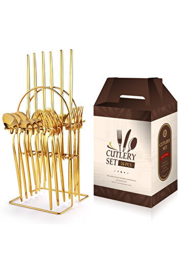 Trendy's Cutlery set, for 6 people, 24 pieces with stand, TRENDY'S, gold