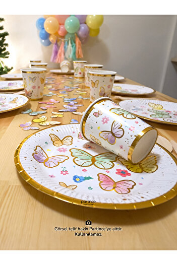 partince 8-Person Macaron Butterfly Theme Disposable Cardboard Plate Cup Fork Spoon Knife Gilded Party Set