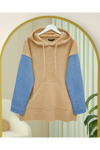 Modamorfo Hooded Sleeve Denim Detailed Kangaroo Pocket Knitwear Sweat -Mink