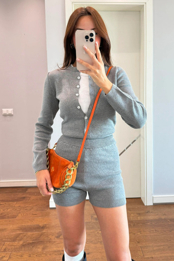 My Blog Gray Bodysuit Cardigan Shorts Knitwear Set - 25R0001