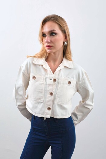 Bluewhite Women's Ecru Crop Cut Jeans Jacket