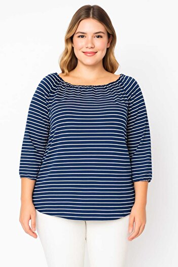 Şans Women's Large Size Navy Blue Striped Tunic with Elastic Collar and Gathering Detail on the Sleeves 65n29608