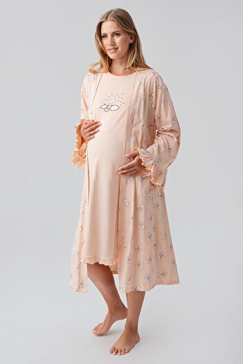 Artış Long Sleeve Patterned Stretchy Cotton Maternity Morning Gown
