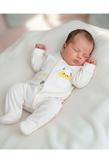 Ege Bebek Baby Winter Chick Patterned 100% Cotton 0-1-3-6 Months Velvet Snap Jumpsuit