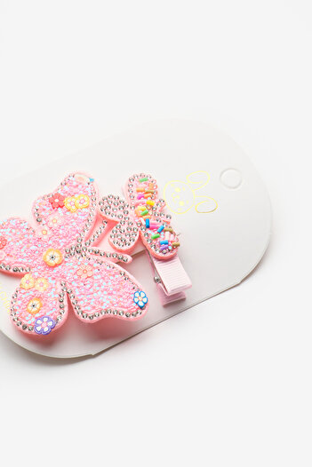 Le Mabelle Pink Sequin Butterfly Double Girl's Clip Buckle Set