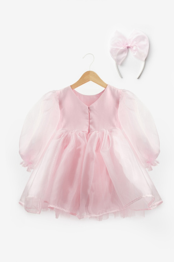 Le Mabelle Pink Long Sleeve Organza Girl's Party Dress - Sage