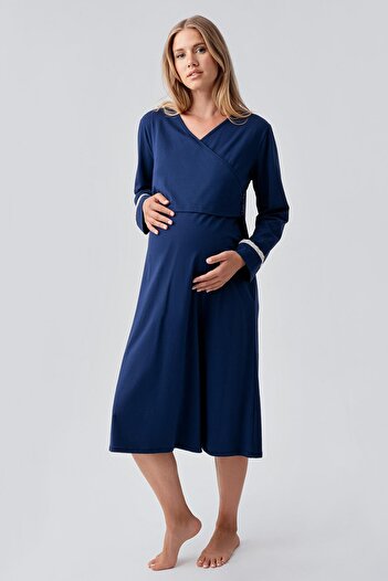 Artış Long Sleeve Patterned Stretchy Cotton Maternity Dressing Gown Nightgown Set