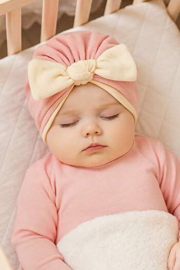 TAKIŞTIR Light Pink and Cream Color Ribbon Figured Baby Hair Cap