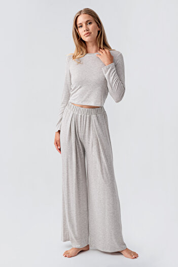 Artış Long Sleeve Crop Wide Leg Flexible Viscose Pajama Set