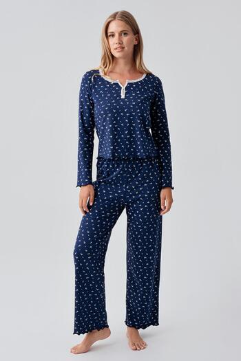 Artış Long Sleeve Patterned Buttoned Flexible Cotton Pajama Set