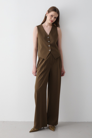 JASTE Women's Khaki Ribbon Detailed Vest & Button Detailed Elastic Waist Trousers Top & Bottom Set