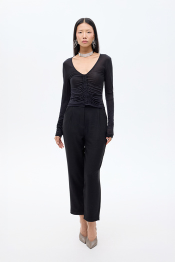 Quzu Front Gathered V-Neck Transparent Blouse Black