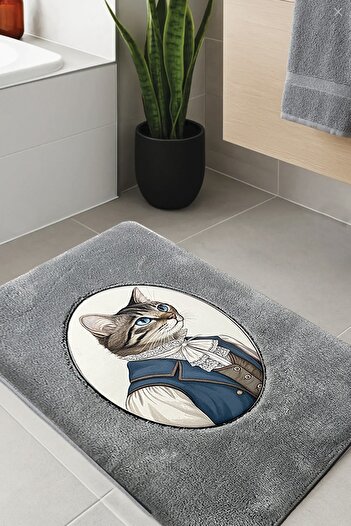 Chilai Home Modcat Gray Single Embroidered Bath Mat, Non-Slip Base 60X100Cm