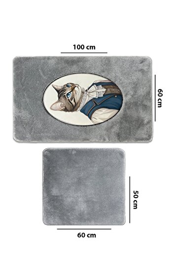 Chilai Home Modcat Gri 2li Nakışlı Banyo Paspası ,Kaymaz Tabanlı 60x100 50x60 cm