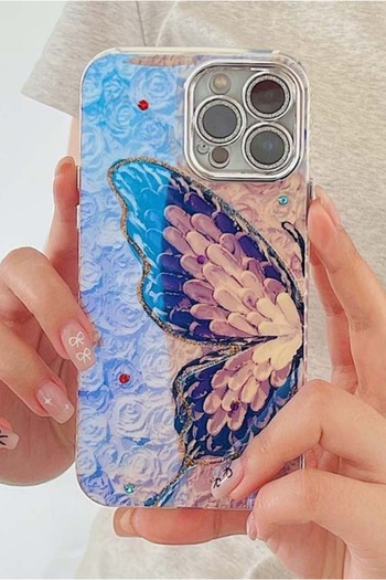 Fibaks iPhone 16 Pro Max Case Color Gradient Stone Camera Lens Protection Glittery Purple Butterfly Pattern Shockproof