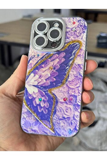 Fibaks iPhone 15 Kılıf Renk Geçişli Taşlı Kamera Lens Korumalı Simli Mor Kelebek Desenli Darbe Emici Kapak