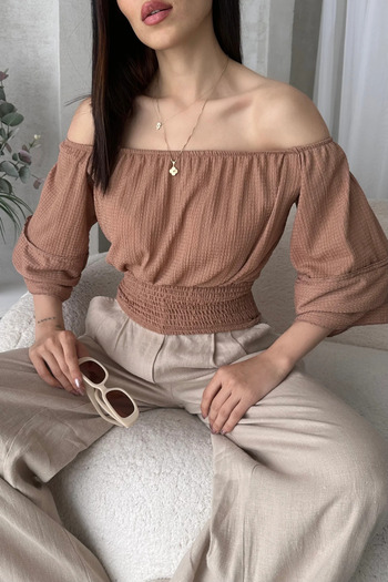 Fav Style Women's Madonna Collar Waist Gimped Spanish Sleeve Crop Blouse Camel