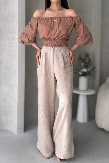 Fav Style Women's Madonna Collar Waist Gimped Spanish Sleeve Crop Blouse Camel