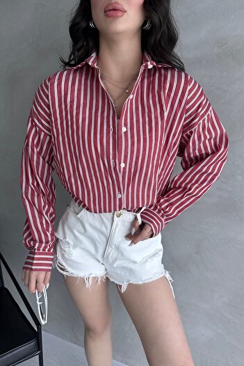 Fav Style Red Long Sleeve Striped Poplin Women's Shirt