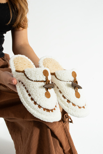 Moda Devrin White Ivory Stitched Washable Winter Women's Slippers