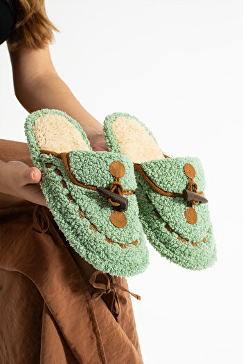 Moda Devrin Green Ivory Stitched Washable Winter Women's Slippers