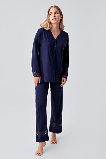 Artış Long Sleeve Buttoned Lace Flexible Viscose Pajama Set