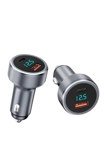 OEM Fast car charger 54W, USB-C + USB-A, metallic gray, compact, aluminum housing, compact