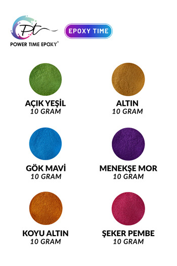 POWER TIME EPOXY 6'lı Sedefli Metalik Toz Pigment Boya / Menekşe mor/Şeker Pembe/Açık Yeşil/Gök mavi/Altın/Koyu Altın