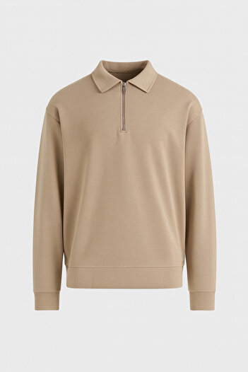 Valiberta Scuba Modal Fabric Relaxed Fit Half Zip Polo Neck Men's Sweatshirt - Beige