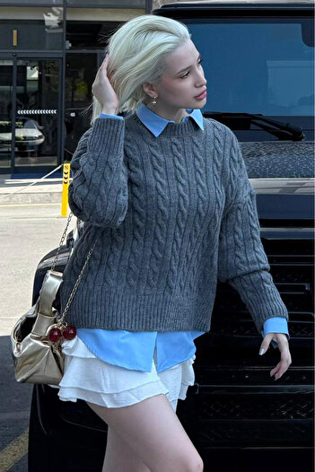 Madmext Anthracite Crew Neck Knitted Patterned Women's Knitwear Sweater Mg2520