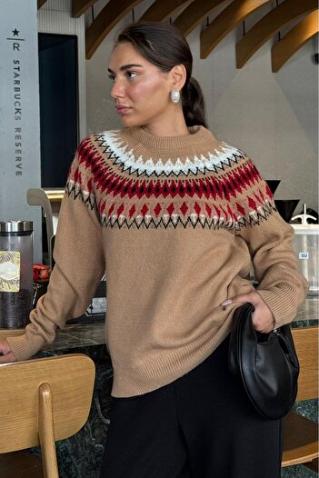 Madmext Mink Color Crew Neck Patterned Women's Knitwear Sweater Mg2502