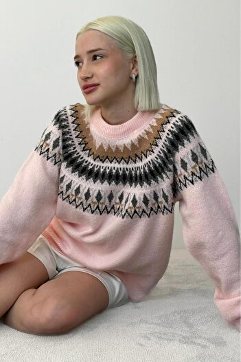 Madmext Pembe Bisiklet Yaka Desenli Kadın Triko Kazak Mg2502