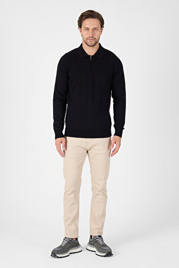 hateko Black 100% Cotton Men's Half Zipper Polo Neck Knitwear Sweater