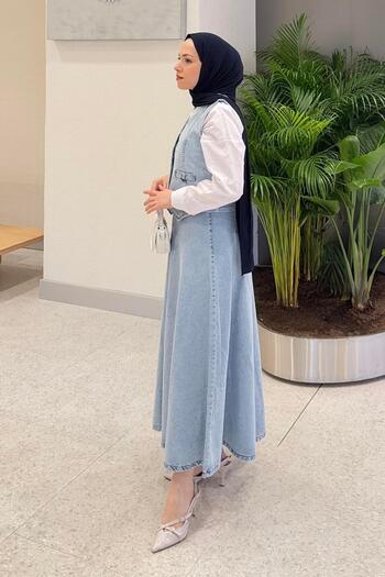 lamelif Cruvaz Closed Denim Skirt Suit Ice Blue