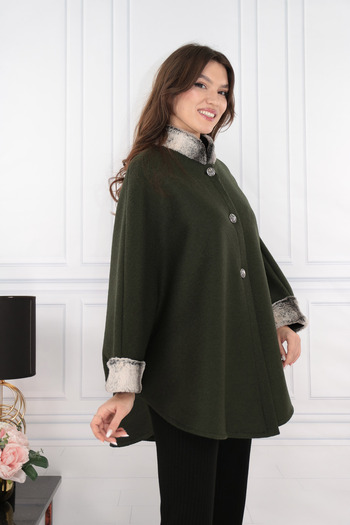 Vanessa Line RO Olive wool poncho with fur on the cuffs and collar