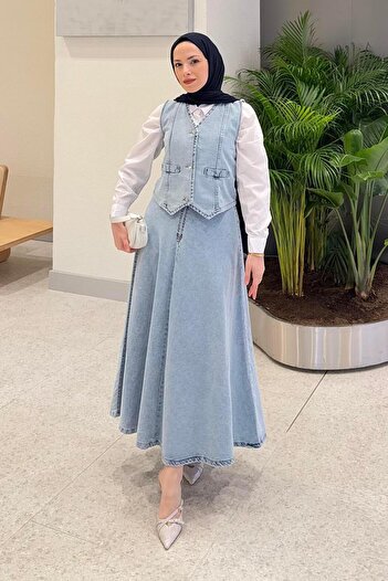 lamelif Cruvaz Closed Denim Skirt Suit Ice Blue