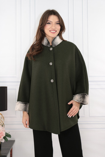 Vanessa Line RO Olive wool poncho with fur on the cuffs and collar
